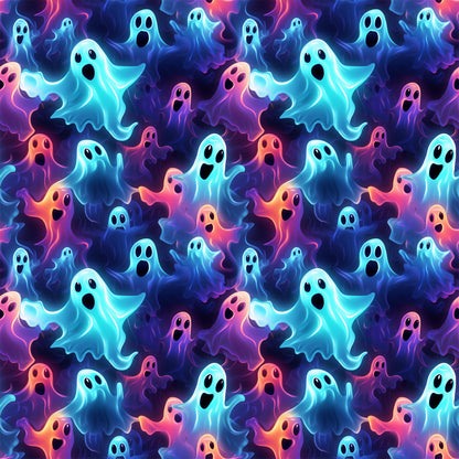 halloween fabric, spooky ghosts, neon colors, turquoise blue, hot pink, purple, orange, black background, glowing effect, cartoon ghosts, surprised expressions, seamless pattern, quilting cotton, fabric panel, supernatural theme, vibrant hues, floating spirits, halloween characters, spooky cute, psychedelic colors