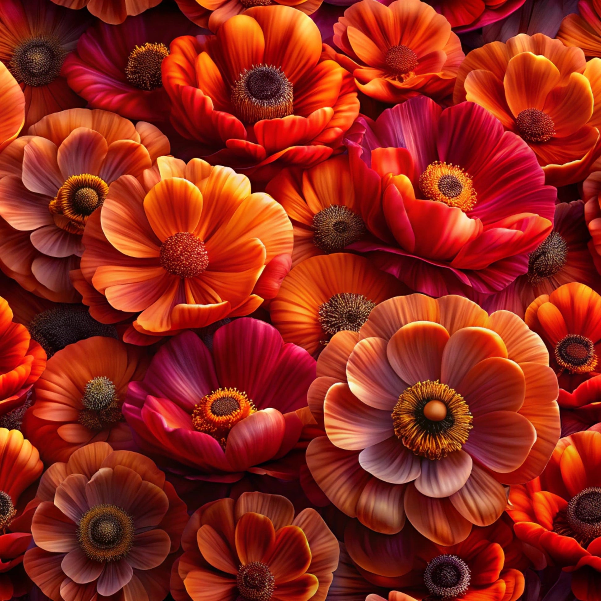 realistic flowers, orange petals, red blooms, burgundy flowers, coral tones, magenta accents, golden centers, layered petals, floral pattern, botanical design, quilting cotton, fabric panel, warm colors, autumn hues, detailed florals, overlapping blooms, nature motif, vibrant pattern, flower heads, petal texture