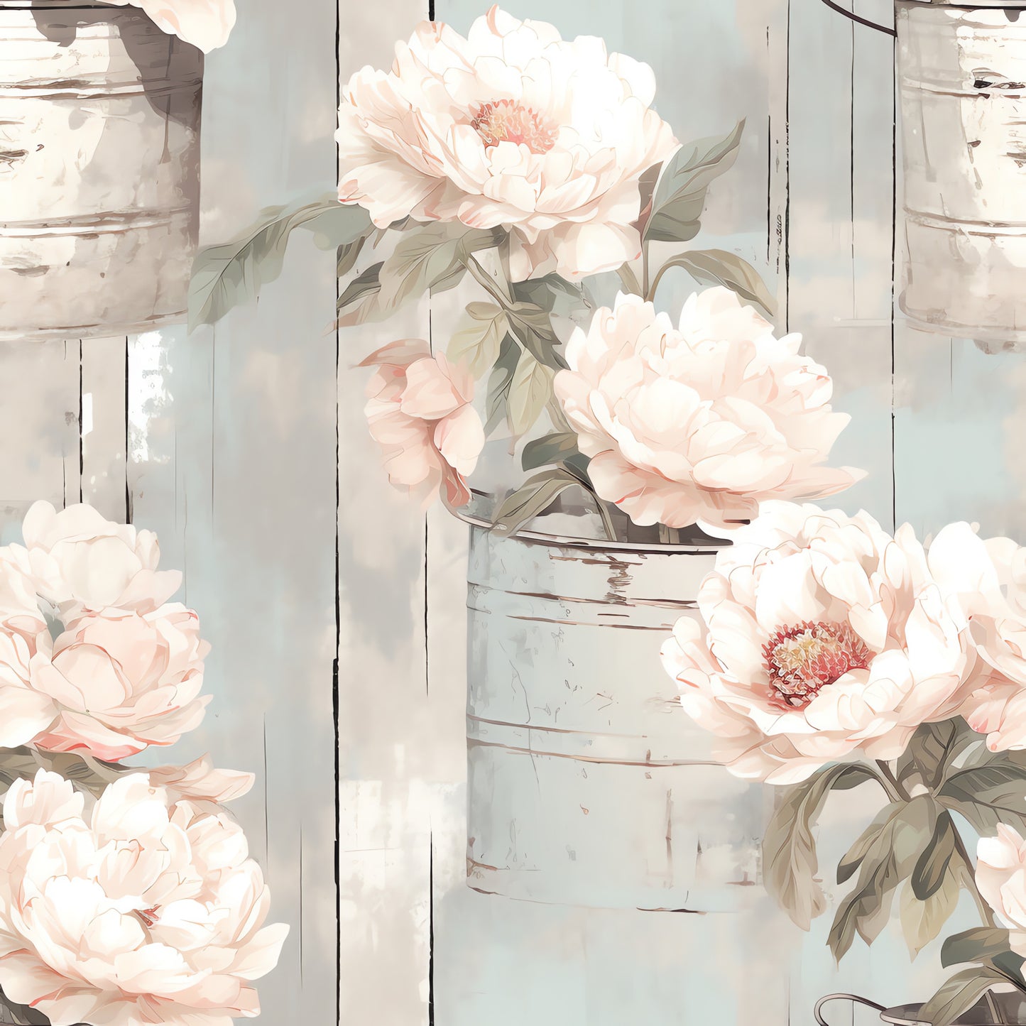blush pink, cream white, sage green, peony flowers, floral pattern, rustic jars, mason jars, weathered wood, farmhouse style, cottage core, quilting cotton, fabric panel, botanical design, soft pastels, vintage blooms, shabby chic, country style, delicate petals, romantic florals