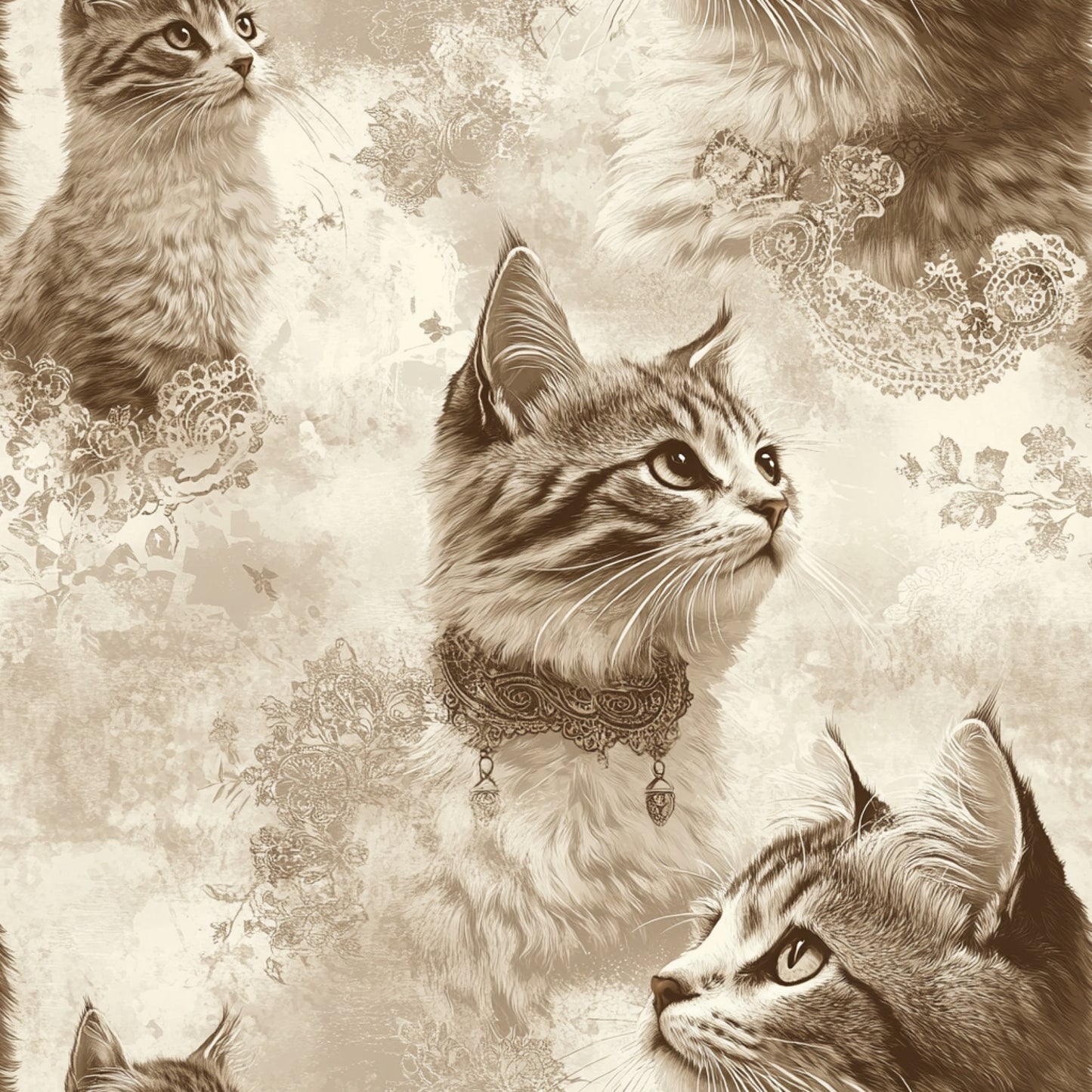 vintage cats, sepia tones, beige, cream, brown, tabby cats, lace patterns, ornate collars, quilting cotton, fabric panel, realistic illustration, detailed artwork, feline portraits, decorative lace, monochromatic design, nostalgic style, pet themed, intricate details, soft colors, vintage aesthetic