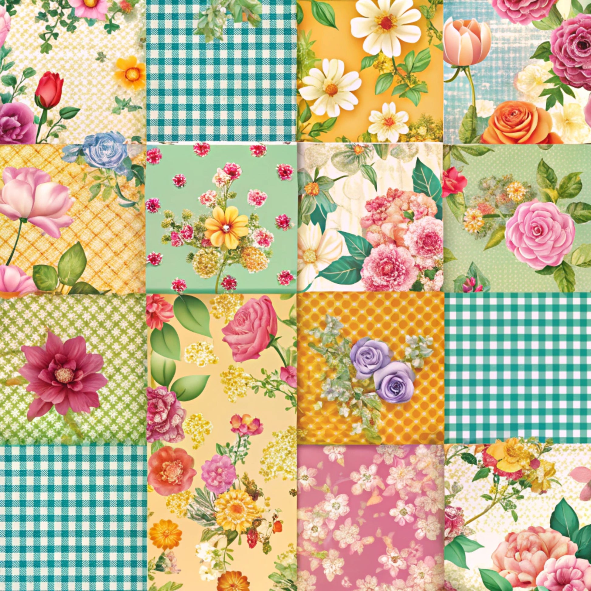 spring patchwork, quilting cotton, fabric panel, floral motifs, roses, daisies, tulips, carnations, gingham checks, polka dots, pink flowers, yellow blooms, orange roses, purple flowers, green leaves, mint green, coral pink, sunny yellow, cottage core, vintage florals, botanical prints, cheerful colors, soft pastels