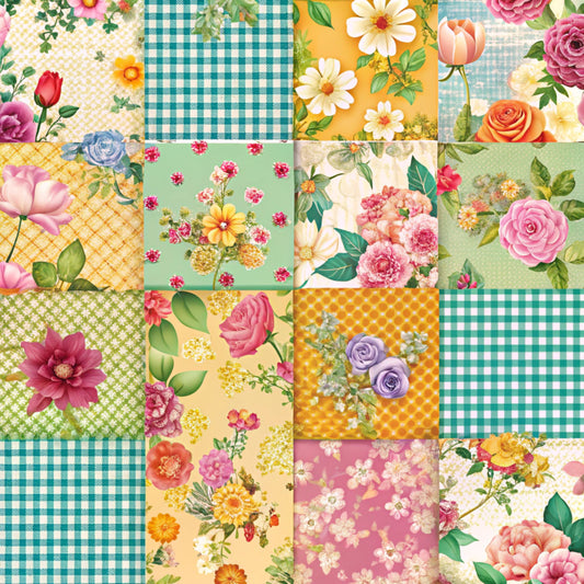 spring patchwork, quilting cotton, fabric panel, floral motifs, roses, daisies, tulips, carnations, gingham checks, polka dots, pink flowers, yellow blooms, orange roses, purple flowers, green leaves, mint green, coral pink, sunny yellow, cottage core, vintage florals, botanical prints, cheerful colors, soft pastels