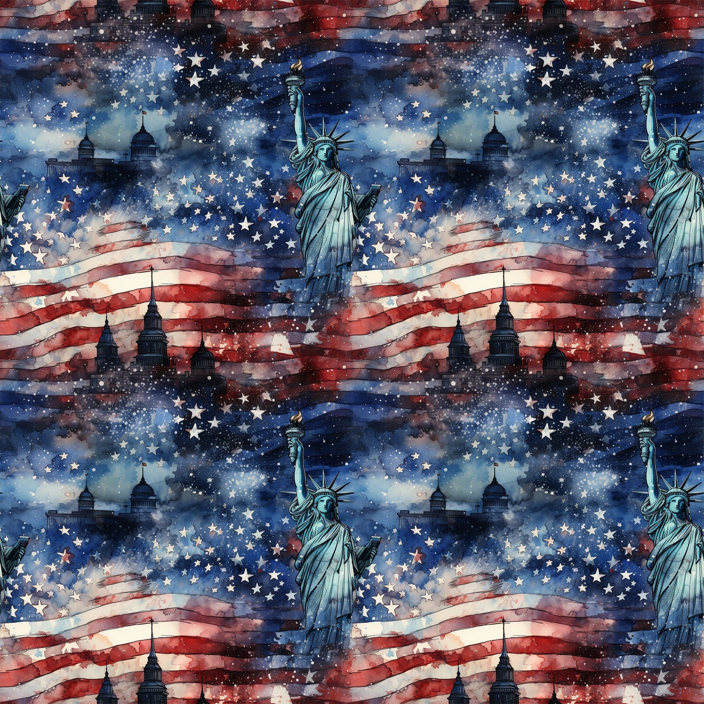 navy blue, red, white, cream, patriotic, american flag, statue of liberty, stars, stripes, grunge texture, watercolor effect, distressed, weathered, vintage style, quilting cotton, fabric panel, repeating pattern, fourth of july, independence theme, americana