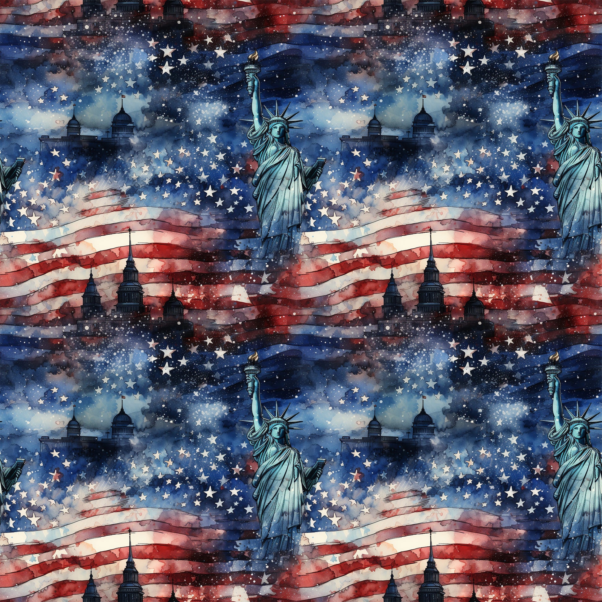 navy blue, red, white, cream, patriotic, american flag, statue of liberty, stars, stripes, grunge texture, watercolor effect, distressed, weathered, vintage style, quilting cotton, fabric panel, repeating pattern, fourth of july, independence theme, americana