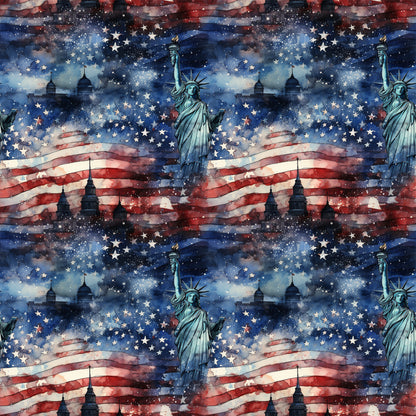 navy blue, red, white, cream, patriotic, american flag, statue of liberty, stars, stripes, grunge texture, watercolor effect, distressed, weathered, vintage style, quilting cotton, fabric panel, repeating pattern, fourth of july, independence theme, americana