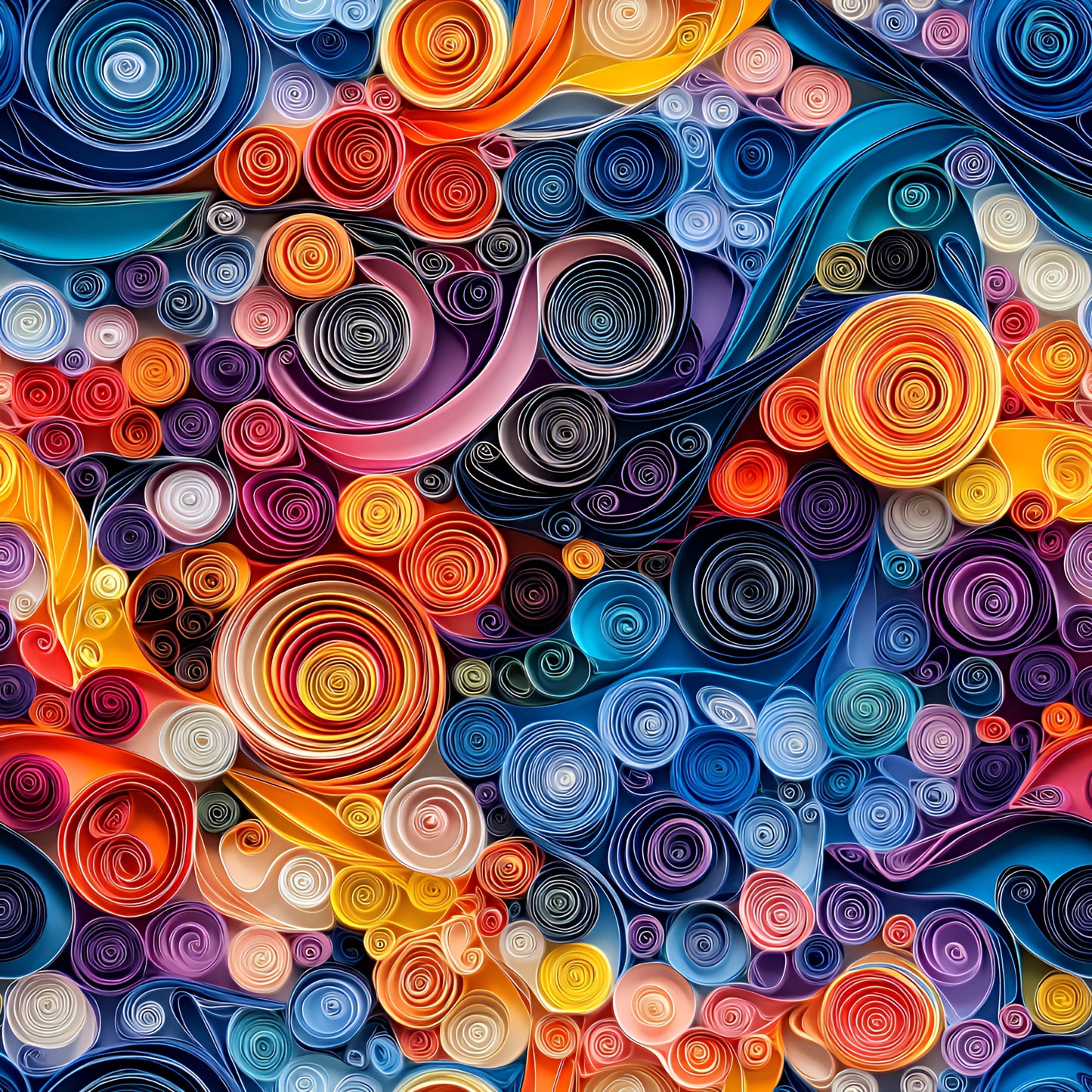 abstract art, paper quilling, spiral patterns, circular motifs, vibrant colors, orange, blue, purple, red, yellow, pink, teal, swirled designs, contemporary style, geometric shapes, colorful spirals, quilting cotton, fabric panel, modern pattern, artistic swirls
