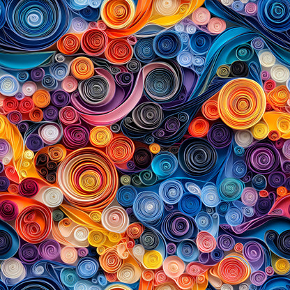 abstract art, paper quilling, spiral patterns, circular motifs, vibrant colors, orange, blue, purple, red, yellow, pink, teal, swirled designs, contemporary style, geometric shapes, colorful spirals, quilting cotton, fabric panel, modern pattern, artistic swirls
