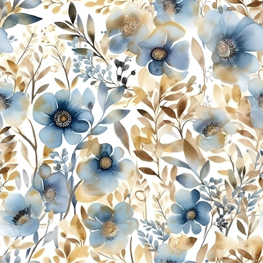 blue flowers, gold accents, watercolor style, floral pattern, botanical design, soft pastels, cream background, delicate blooms, leafy stems, quilting cotton, fabric panel, nature motif, feminine design, spring flowers, artistic florals, muted tones, elegant pattern, flowing vines, garden theme