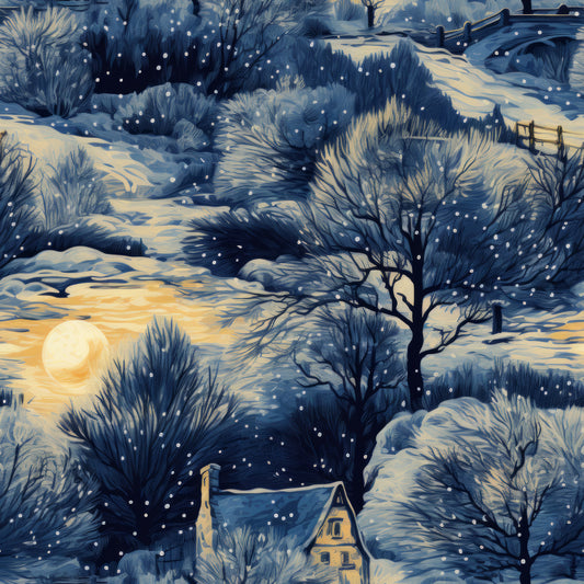 winter landscape, snowy scene, dawn light, golden sun, bare trees, snow-covered hills, cottage house, quilting cotton, fabric panel, blue tones, cream colors, golden yellow, swirling clouds, peaceful scenery, nature scene, cold season, artistic illustration, textile design, crafting material