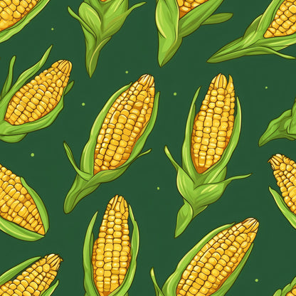corn pattern, sweet corn, yellow kernels, green husks, golden yellow, forest green, vegetable motif, farm theme, harvest design, agricultural pattern, quilting cotton, fabric panel, repeating pattern, botanical illustration, food pattern, summer crop, corn cobs, rural theme, garden vegetables, kitchen fabric