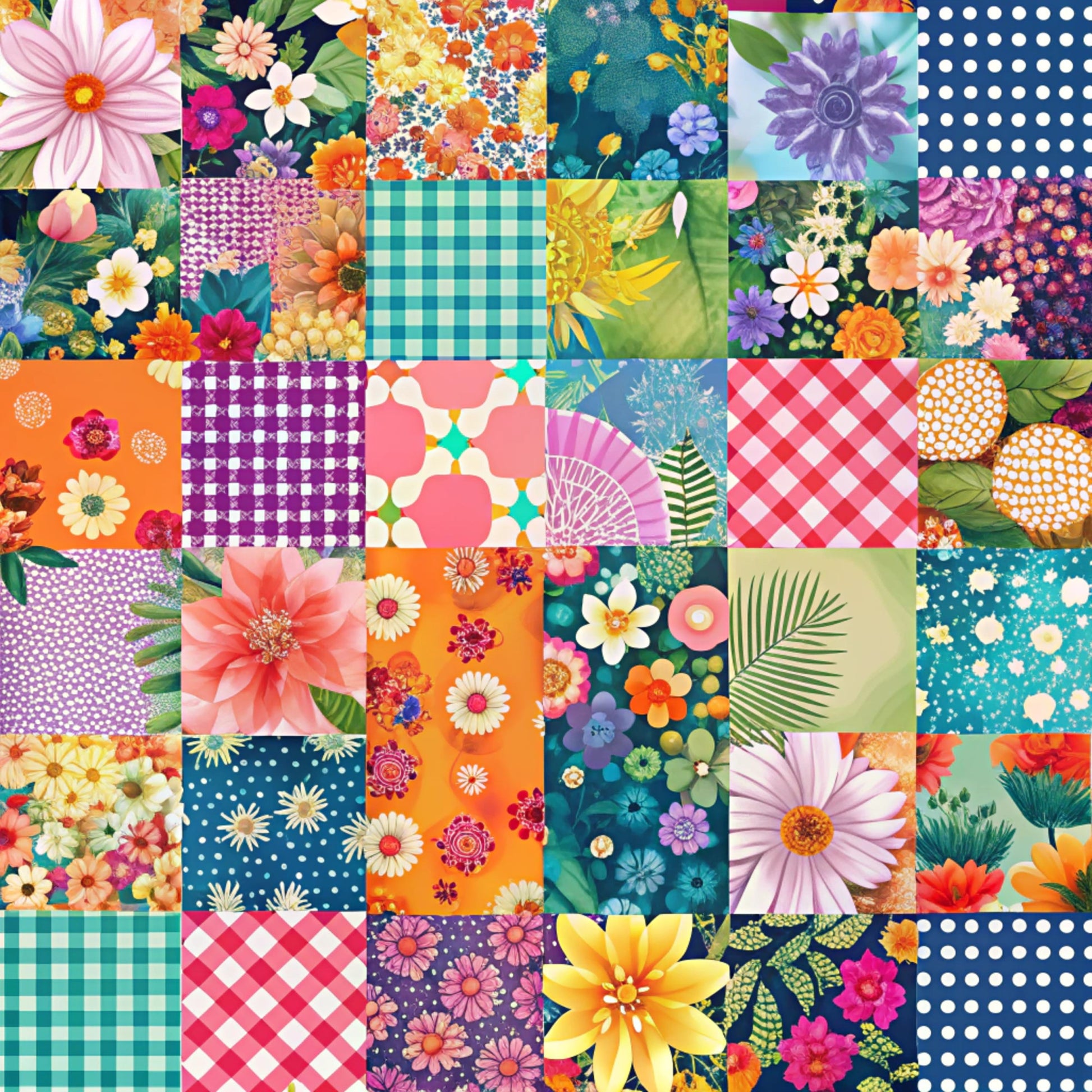 spring patchwork, quilting cotton, fabric panel, floral motifs, geometric patterns, gingham checks, polka dots, bright colors, pink flowers, orange blooms, purple daisies, yellow blossoms, teal backgrounds, navy blue, coral pink, lime green, botanical designs, mixed patterns, cheerful mood, crafting fabric