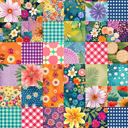 spring patchwork, quilting cotton, fabric panel, floral motifs, geometric patterns, gingham checks, polka dots, bright colors, pink flowers, orange blooms, purple daisies, yellow blossoms, teal backgrounds, navy blue, coral pink, lime green, botanical designs, mixed patterns, cheerful mood, crafting fabric
