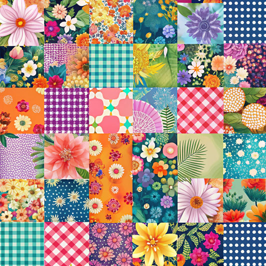 spring patchwork, quilting cotton, fabric panel, floral motifs, geometric patterns, gingham checks, polka dots, bright colors, pink flowers, orange blooms, purple daisies, yellow blossoms, teal backgrounds, navy blue, coral pink, lime green, botanical designs, mixed patterns, cheerful mood, crafting fabric