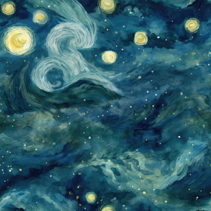navy blue, teal, yellow, golden stars, swirling clouds, night sky, celestial, impressionist style, van gogh inspired, dreamy, flowing brushstrokes, luminous swirls, cosmic, ethereal, quilting cotton, fabric panel, starry night, atmospheric, artistic print, deep blues