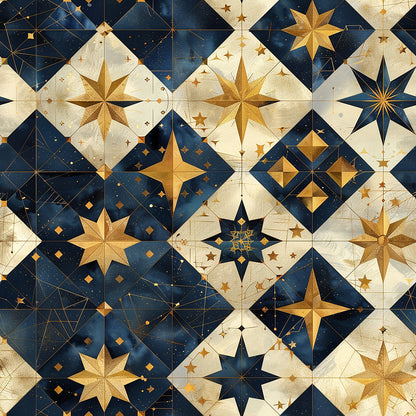 navy blue, cream, gold, baroque stars, celestial motifs, geometric patterns, quilting cotton, fabric panel, ornate design, starbursts, diamond shapes, cosmic theme, metallic accents, repeating blocks, intricate details, astronomy inspired, decorative stars, luxurious aesthetic, patchwork style