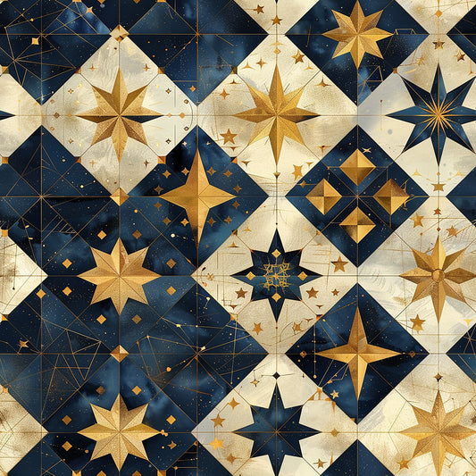 navy blue, cream, gold, baroque stars, celestial motifs, geometric patterns, quilting cotton, fabric panel, ornate design, starbursts, diamond shapes, cosmic theme, metallic accents, repeating blocks, intricate details, astronomy inspired, decorative stars, luxurious aesthetic, patchwork style