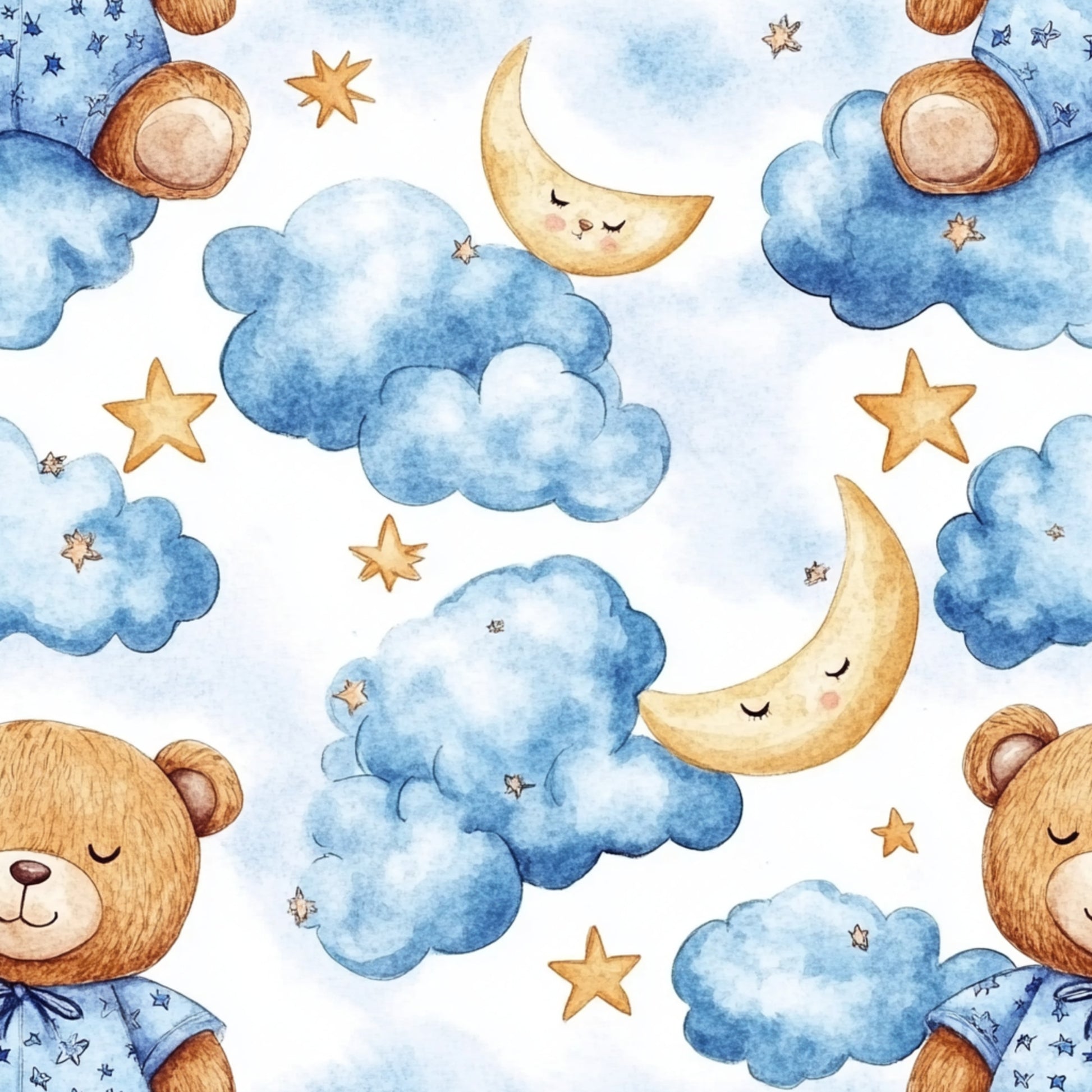 blue, teddy bear, baby boy, watercolor, clouds, crescent moon, stars, sleepy, peaceful, nursery theme, quilting cotton, fabric panel, brown bears, celestial, night sky, dreamy, soft pastels, children's pattern, whimsical, bedtime theme