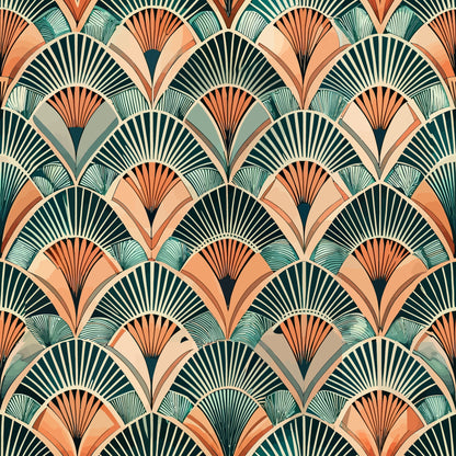 art deco, fan pattern, geometric design, teal, coral, peach, sage green, cream, repeating motifs, scalloped shapes, radiating lines, vintage style, ornamental, layered fans, quilting cotton, fabric panel, decorative pattern, overlapping semicircles, retro aesthetic, ornate details