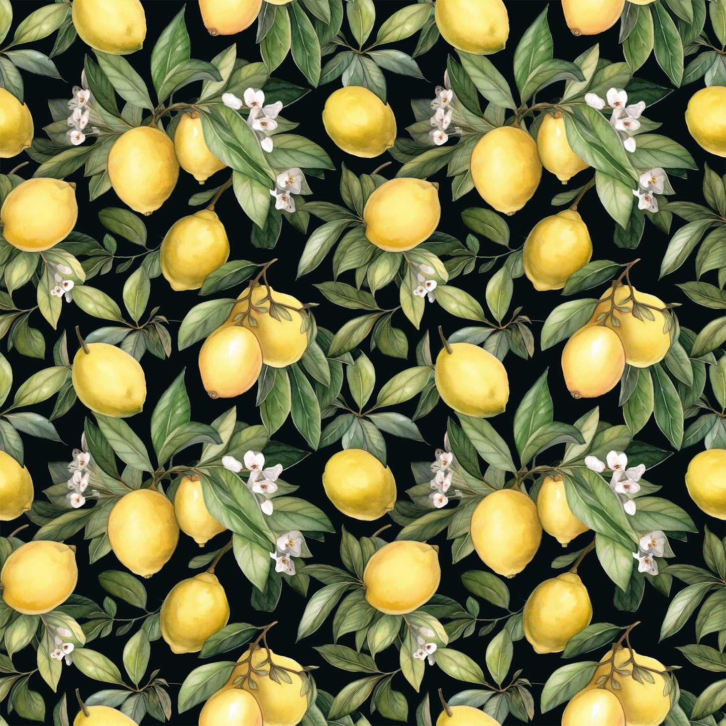 yellow lemons, citrus fruits, green leaves, white blossoms, black background, botanical pattern, repeating design, lemon branches, citrus flowers, quilting cotton, fabric panel, watercolor style, realistic fruits, garden motif, summer theme, bright yellow, deep green, floral elements, fruit illustration, nature pattern