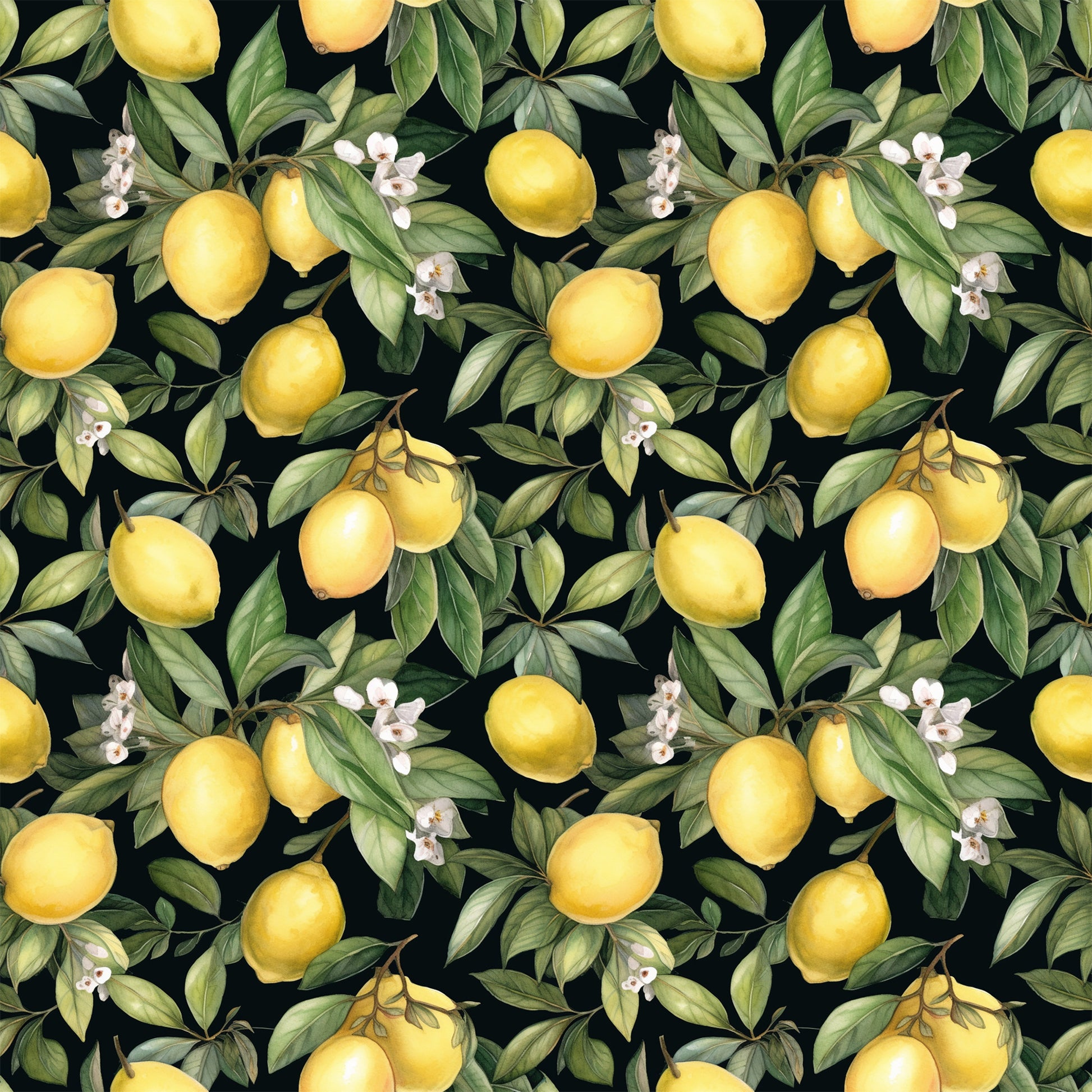 yellow lemons, citrus fruits, green leaves, white blossoms, black background, botanical pattern, repeating design, lemon branches, citrus flowers, quilting cotton, fabric panel, watercolor style, realistic fruits, garden motif, summer theme, bright yellow, deep green, floral elements, fruit illustration, nature pattern