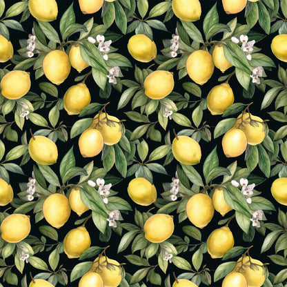 yellow lemons, citrus fruits, green leaves, white blossoms, black background, botanical pattern, repeating design, lemon branches, citrus flowers, quilting cotton, fabric panel, watercolor style, realistic fruits, garden motif, summer theme, bright yellow, deep green, floral elements, fruit illustration, nature pattern