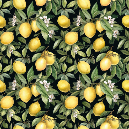 yellow lemons, citrus fruits, green leaves, white blossoms, black background, botanical pattern, repeating design, lemon branches, citrus flowers, quilting cotton, fabric panel, watercolor style, realistic fruits, garden motif, summer theme, bright yellow, deep green, floral elements, fruit illustration, nature pattern