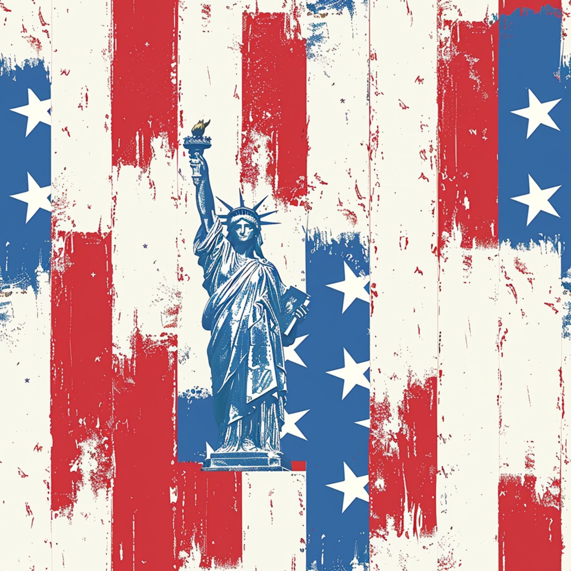 red, white, blue, patriotic stripes, statue of liberty, white stars, distressed texture, weathered look, vintage americana, grunge effect, quilting cotton, fabric panel, independence day, fourth of july, liberty torch, crown spikes, vertical stripes, aged appearance, freedom symbol, cotton fabric