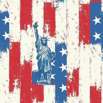 red, white, blue, patriotic stripes, statue of liberty, white stars, distressed texture, weathered look, vintage americana, grunge effect, quilting cotton, fabric panel, independence day, fourth of july, liberty torch, crown spikes, vertical stripes, aged appearance, freedom symbol, cotton fabric