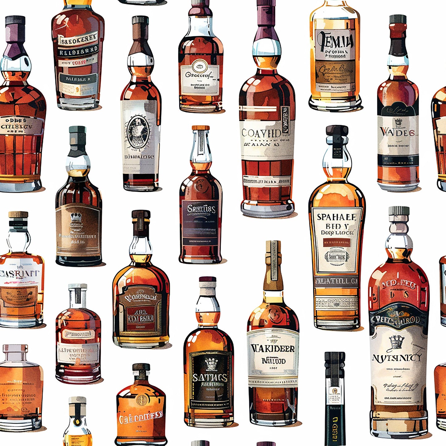 whiskey bottles, amber, brown, golden, orange, glass bottles, scottish whisky, alcohol collection, vintage bottles, quilting cotton, fabric panel, realistic illustration, beverage pattern, bottle shapes, liquid amber, distillery theme, spirits collection, detailed artwork, repeating pattern, crafting fabric
