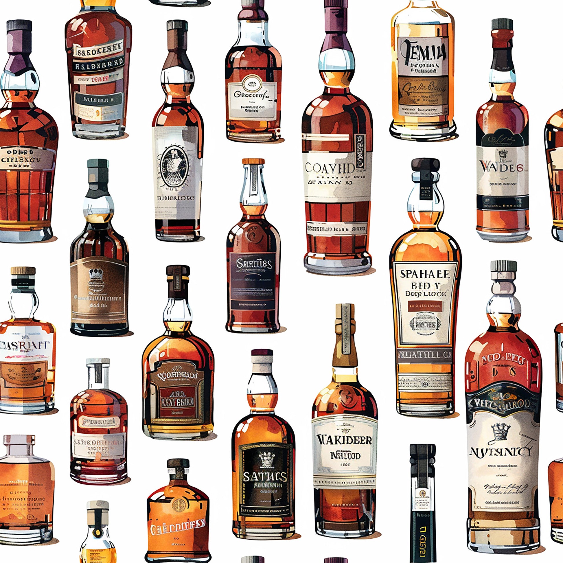 whiskey bottles, amber, brown, golden, orange, glass bottles, scottish whisky, alcohol collection, vintage bottles, quilting cotton, fabric panel, realistic illustration, beverage pattern, bottle shapes, liquid amber, distillery theme, spirits collection, detailed artwork, repeating pattern, crafting fabric