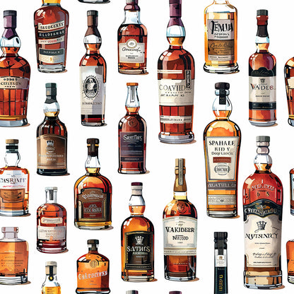 whiskey bottles, amber, brown, golden, orange, glass bottles, scottish whisky, alcohol collection, vintage bottles, quilting cotton, fabric panel, realistic illustration, beverage pattern, bottle shapes, liquid amber, distillery theme, spirits collection, detailed artwork, repeating pattern, crafting fabric