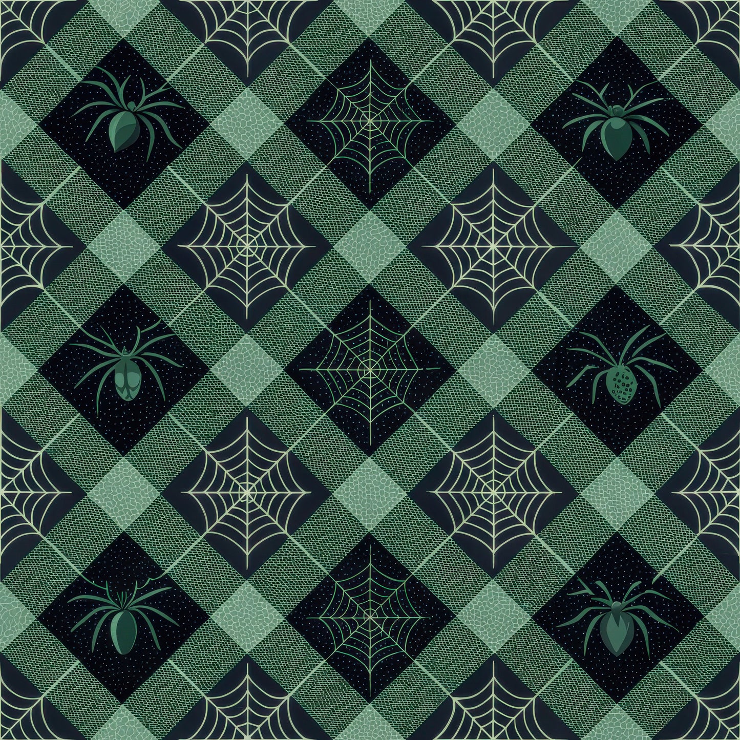 halloween fabric, quilting cotton, fabric panel, gingham pattern, diamond grid, spider motifs, spiderweb designs, green tones, sage green, forest green, black accents, geometric layout, autumn crafting, seasonal sewing, halloween quilting, spooky elements, checkered background, repeating pattern, cotton fabric, halloween decor