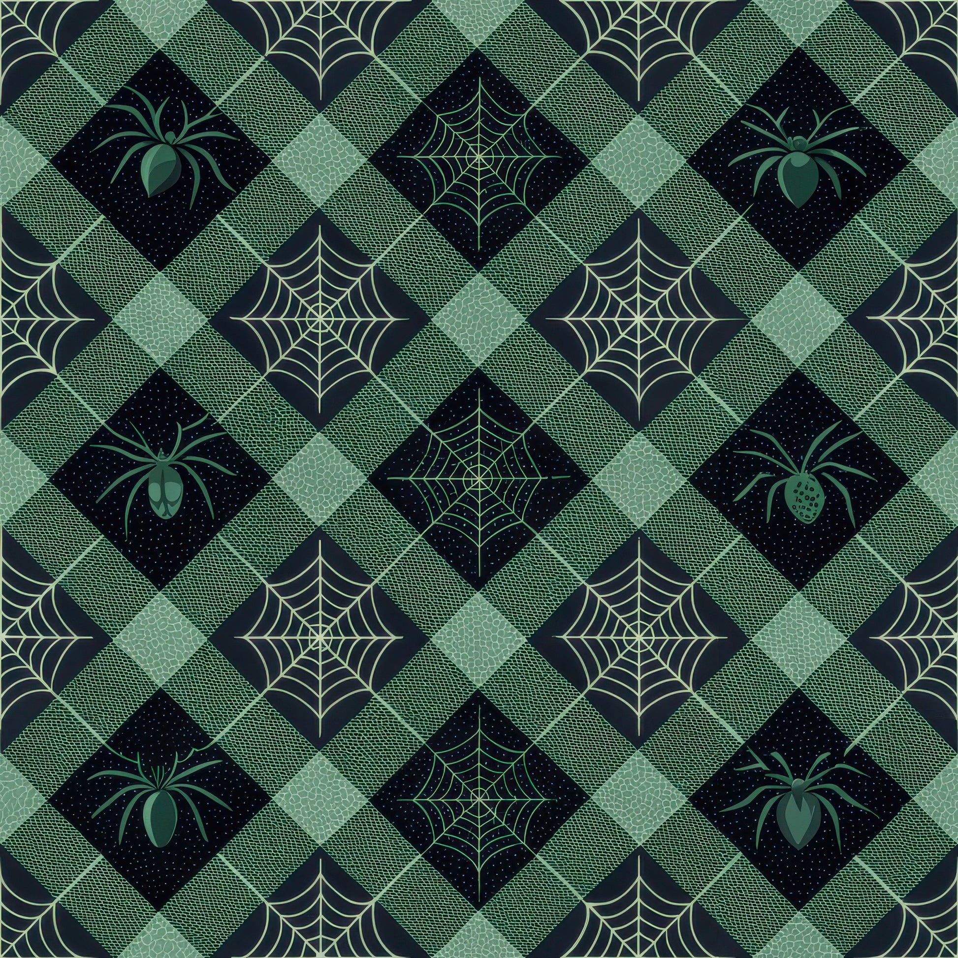 halloween fabric, quilting cotton, fabric panel, gingham pattern, diamond grid, spider motifs, spiderweb designs, green tones, sage green, forest green, black accents, geometric layout, autumn crafting, seasonal sewing, halloween quilting, spooky elements, checkered background, repeating pattern, cotton fabric, halloween decor