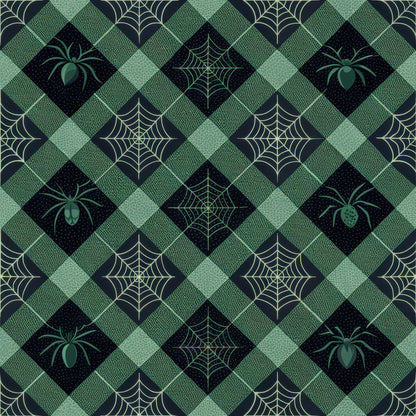 halloween fabric, quilting cotton, fabric panel, gingham pattern, diamond grid, spider motifs, spiderweb designs, green tones, sage green, forest green, black accents, geometric layout, autumn crafting, seasonal sewing, halloween quilting, spooky elements, checkered background, repeating pattern, cotton fabric, halloween decor