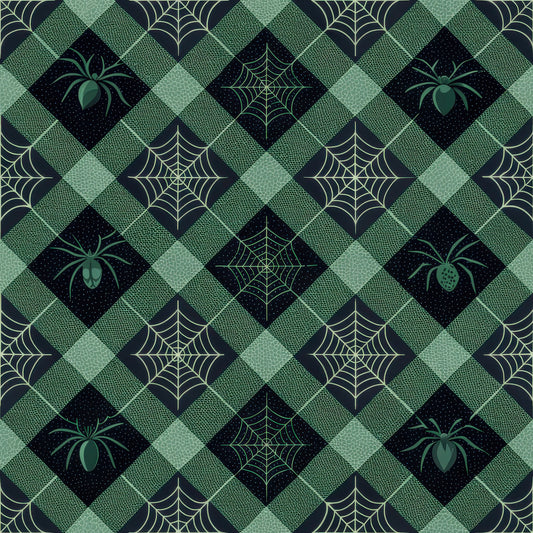 halloween fabric, quilting cotton, fabric panel, gingham pattern, diamond grid, spider motifs, spiderweb designs, green tones, sage green, forest green, black accents, geometric layout, autumn crafting, seasonal sewing, halloween quilting, spooky elements, checkered background, repeating pattern, cotton fabric, halloween decor