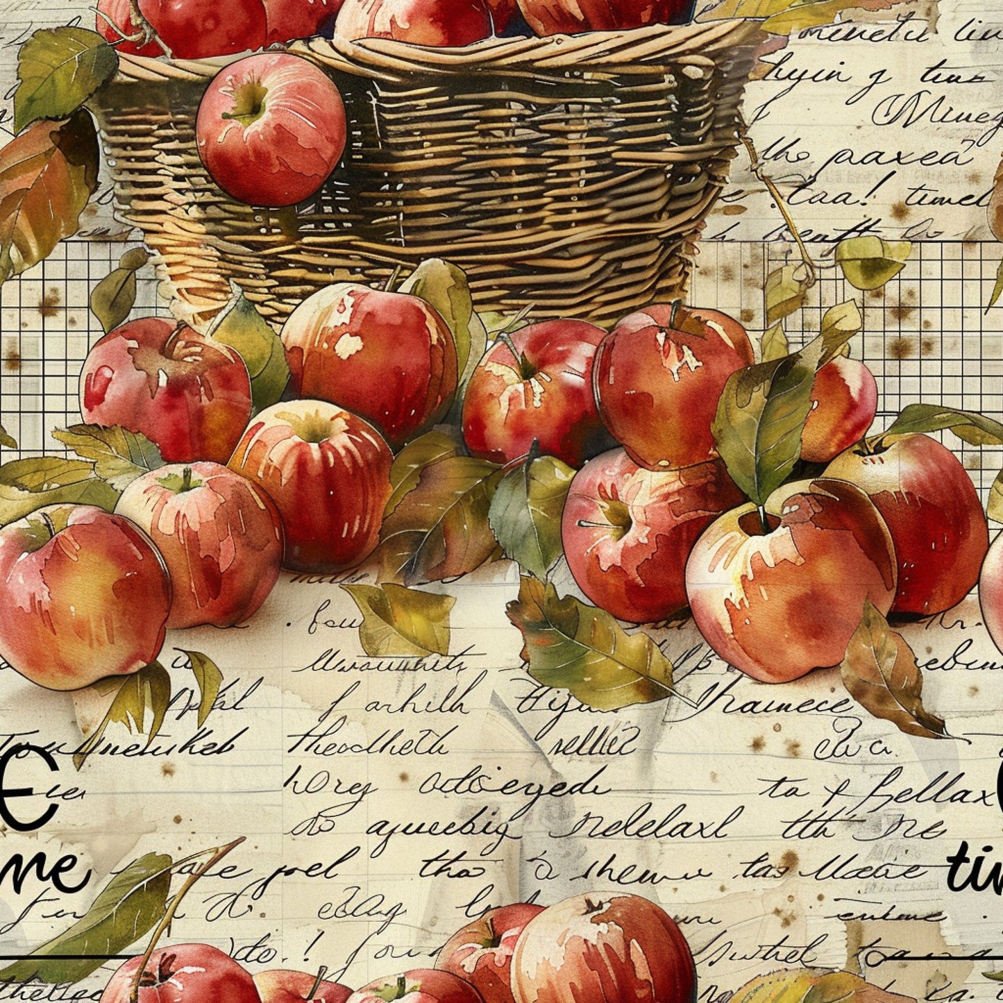 red apples, wicker basket, harvest theme, vintage style, watercolor art, autumn colors, botanical illustration, farm fresh, quilting cotton, fabric panel, rustic charm, country living, orchard scene, handwritten text, natural elements, warm tones, seasonal motifs, cottage core, rural lifestyle