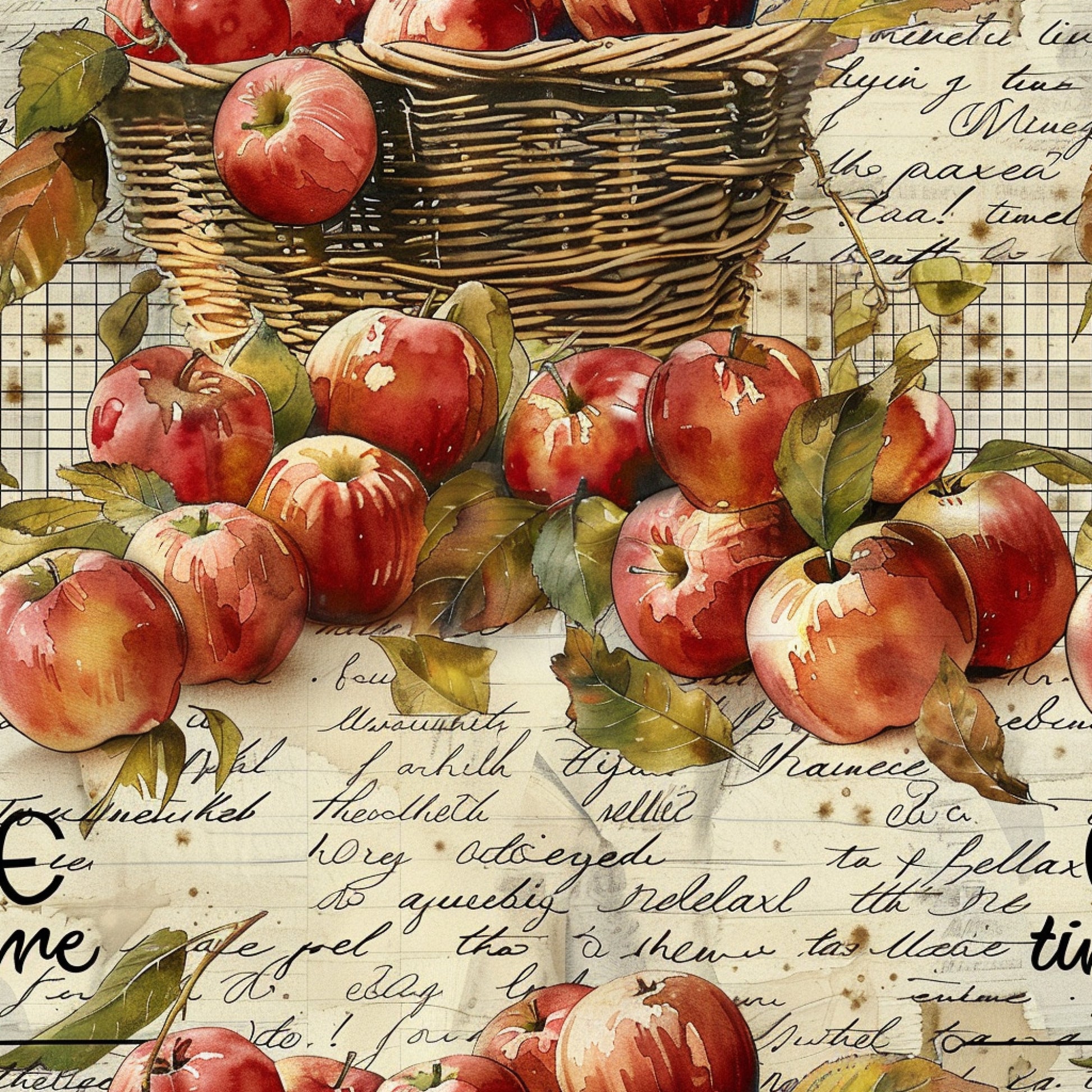 red apples, wicker basket, harvest theme, vintage style, watercolor art, autumn colors, botanical illustration, farm fresh, quilting cotton, fabric panel, rustic charm, country living, orchard scene, handwritten text, natural elements, warm tones, seasonal motifs, cottage core, rural lifestyle