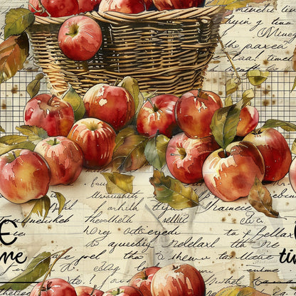 red apples, wicker basket, harvest theme, vintage style, watercolor art, autumn colors, botanical illustration, farm fresh, quilting cotton, fabric panel, rustic charm, country living, orchard scene, handwritten text, natural elements, warm tones, seasonal motifs, cottage core, rural lifestyle