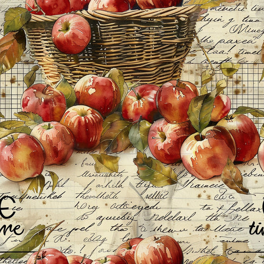 red apples, wicker basket, harvest theme, vintage style, watercolor art, autumn colors, botanical illustration, farm fresh, quilting cotton, fabric panel, rustic charm, country living, orchard scene, handwritten text, natural elements, warm tones, seasonal motifs, cottage core, rural lifestyle