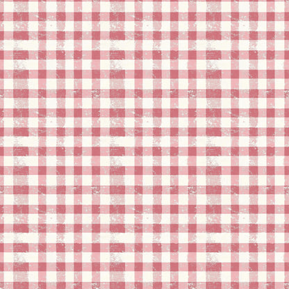 vintage pink, dusty rose, cream, ivory, gingham pattern, checkered design, distressed texture, weathered finish, quilting cotton, fabric panel, rustic charm, shabby chic, cottage style, aged appearance, faded colors, plaid weave, crafting material, sewing fabric, nostalgic mood, soft pastels