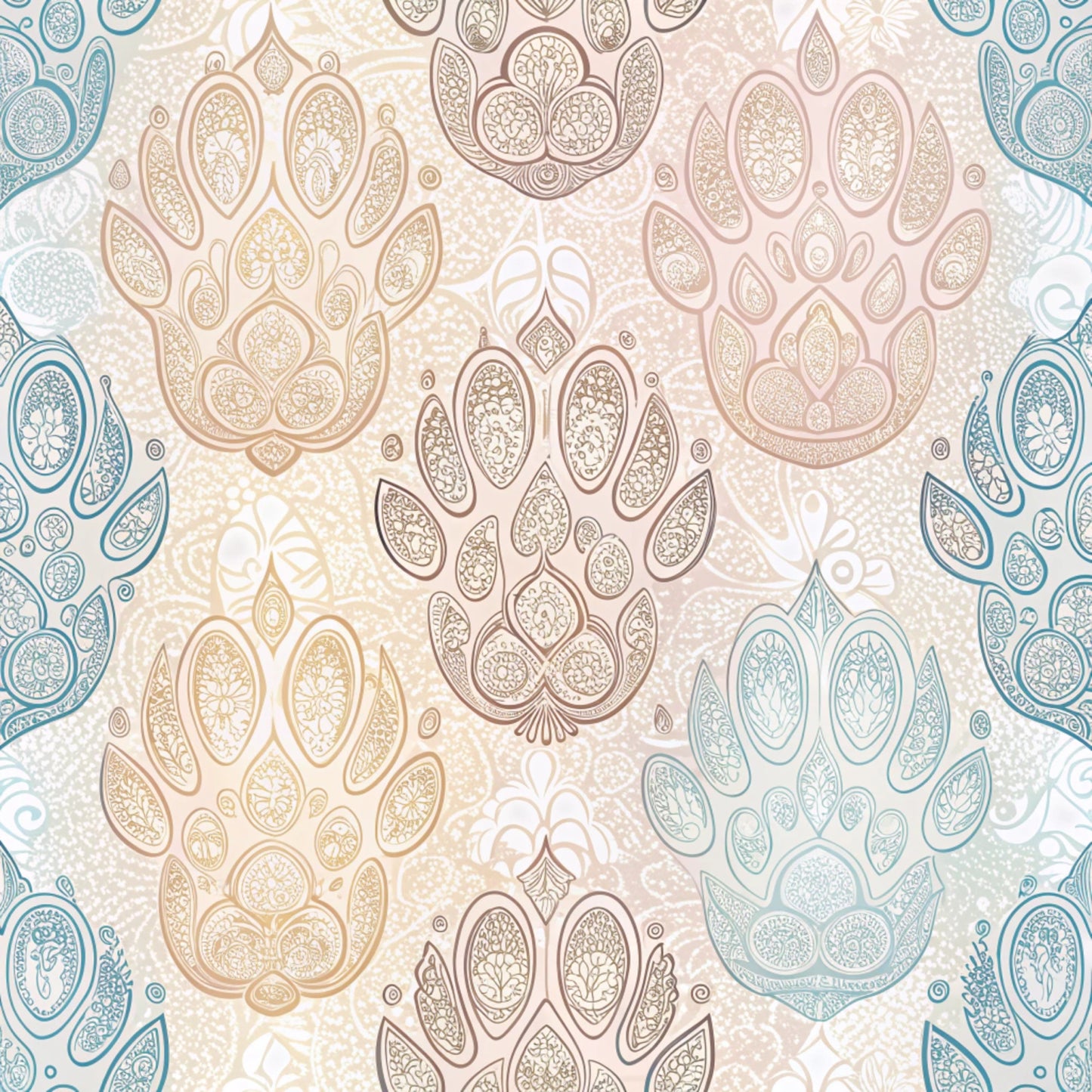 dog paws, paw prints, paisley pattern, intricate details, soft pastels, beige, dusty blue, cream, taupe, ornate design, decorative elements, quilting cotton, fabric panel, boho style, mandala motifs, pet themed, animal prints, flowing patterns, vintage style, cotton fabric