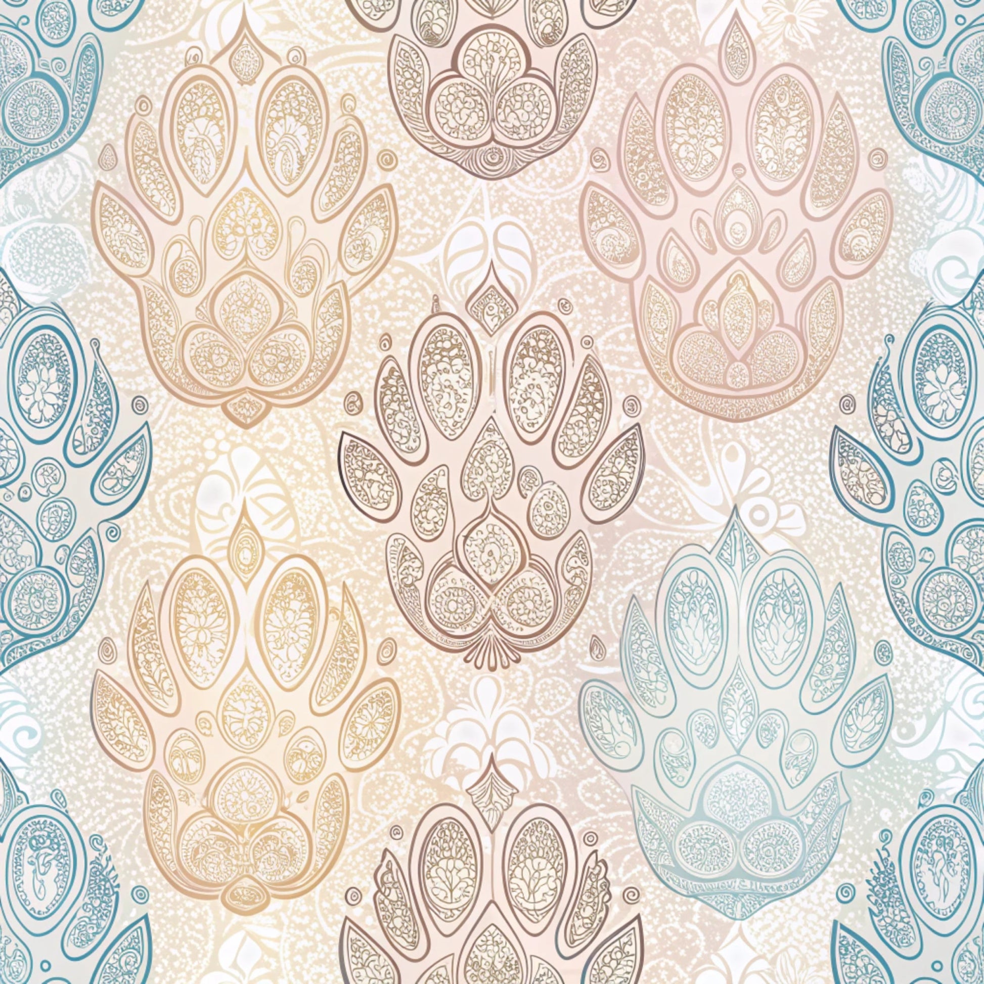 dog paws, paw prints, paisley pattern, intricate details, soft pastels, beige, dusty blue, cream, taupe, ornate design, decorative elements, quilting cotton, fabric panel, boho style, mandala motifs, pet themed, animal prints, flowing patterns, vintage style, cotton fabric
