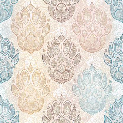 dog paws, paw prints, paisley pattern, intricate details, soft pastels, beige, dusty blue, cream, taupe, ornate design, decorative elements, quilting cotton, fabric panel, boho style, mandala motifs, pet themed, animal prints, flowing patterns, vintage style, cotton fabric