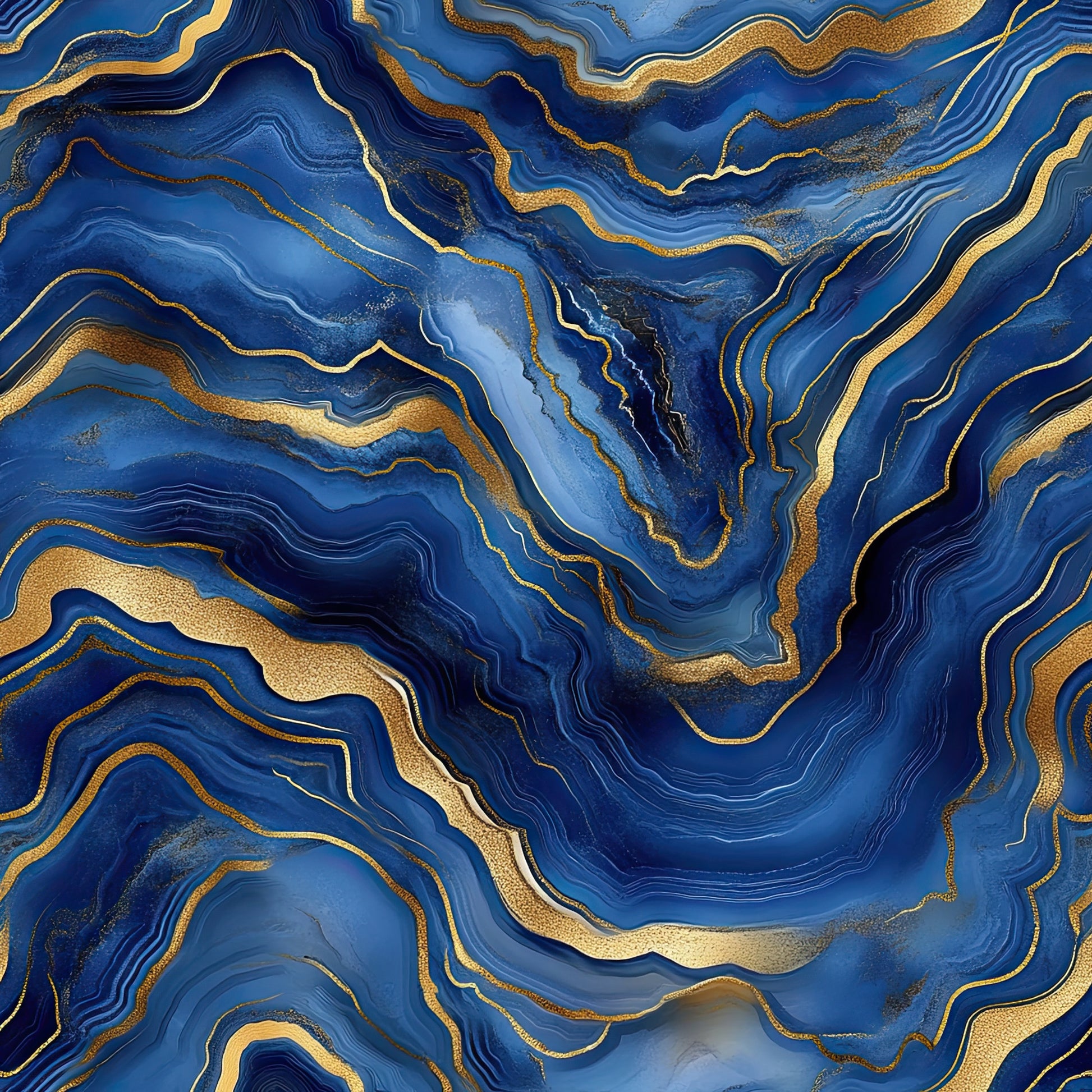 royal blue, navy blue, gold, metallic gold, agate pattern, geode design, marble texture, swirling lines, flowing curves, abstract design, mineral formation, quilting cotton, fabric panel, luxurious, elegant, natural stone, organic shapes, fluid movement, contemporary style, sophisticated