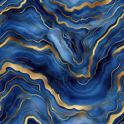 royal blue, navy blue, gold, metallic gold, agate pattern, geode design, marble texture, swirling lines, flowing curves, abstract design, mineral formation, quilting cotton, fabric panel, luxurious, elegant, natural stone, organic shapes, fluid movement, contemporary style, sophisticated