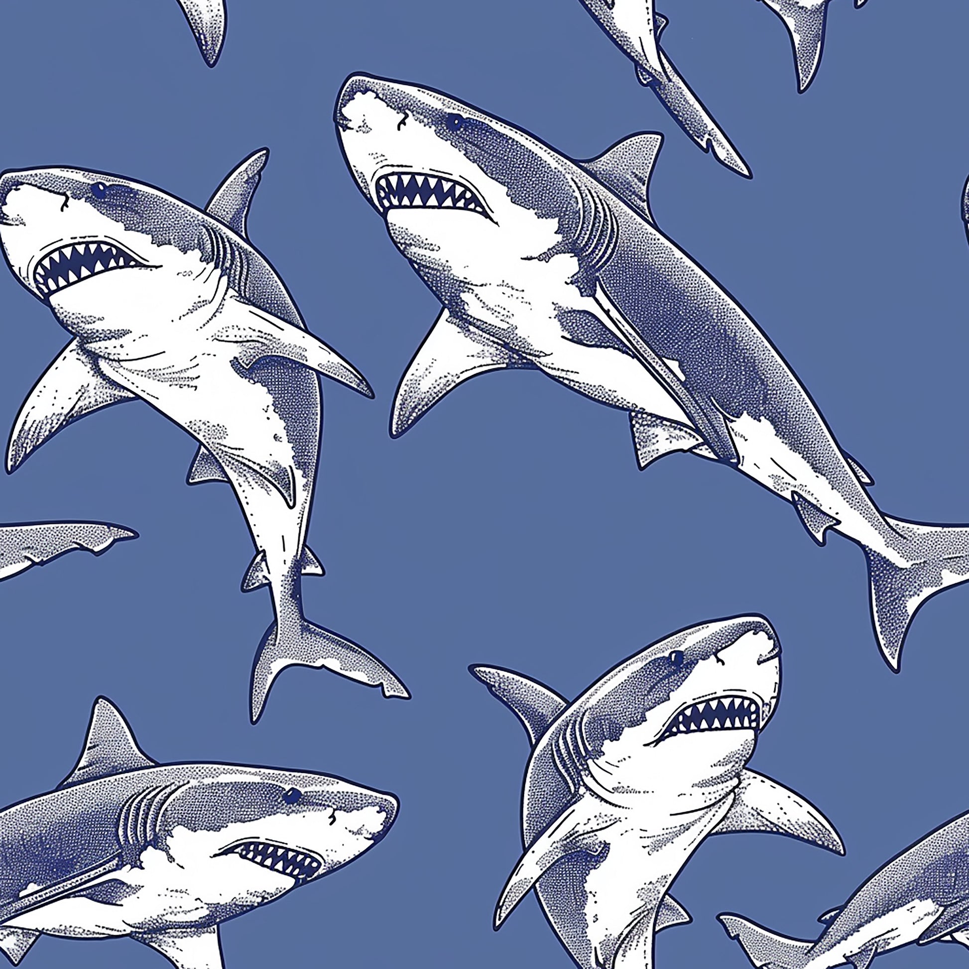 sharks, circling pattern, blue background, white sharks, navy blue, periwinkle blue, marine life, ocean creatures, predator fish, swimming sharks, repeating pattern, quilting cotton, fabric panel, sea life, aquatic theme, dotted shading, illustrated sharks, open mouths, sharp teeth, underwater scene