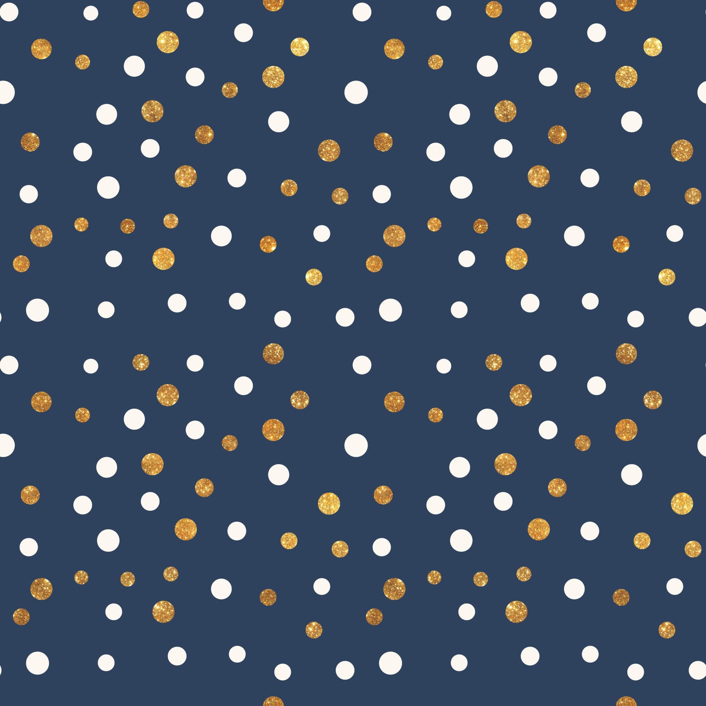 navy blue, gold, white, polka dots, circular pattern, scattered dots, geometric design, celebration theme, festive pattern, glitter effect, metallic accents, quilting cotton, fabric panel, party theme, confetti style, random placement, two-tone dots, celebratory mood, craft fabric, sewing material