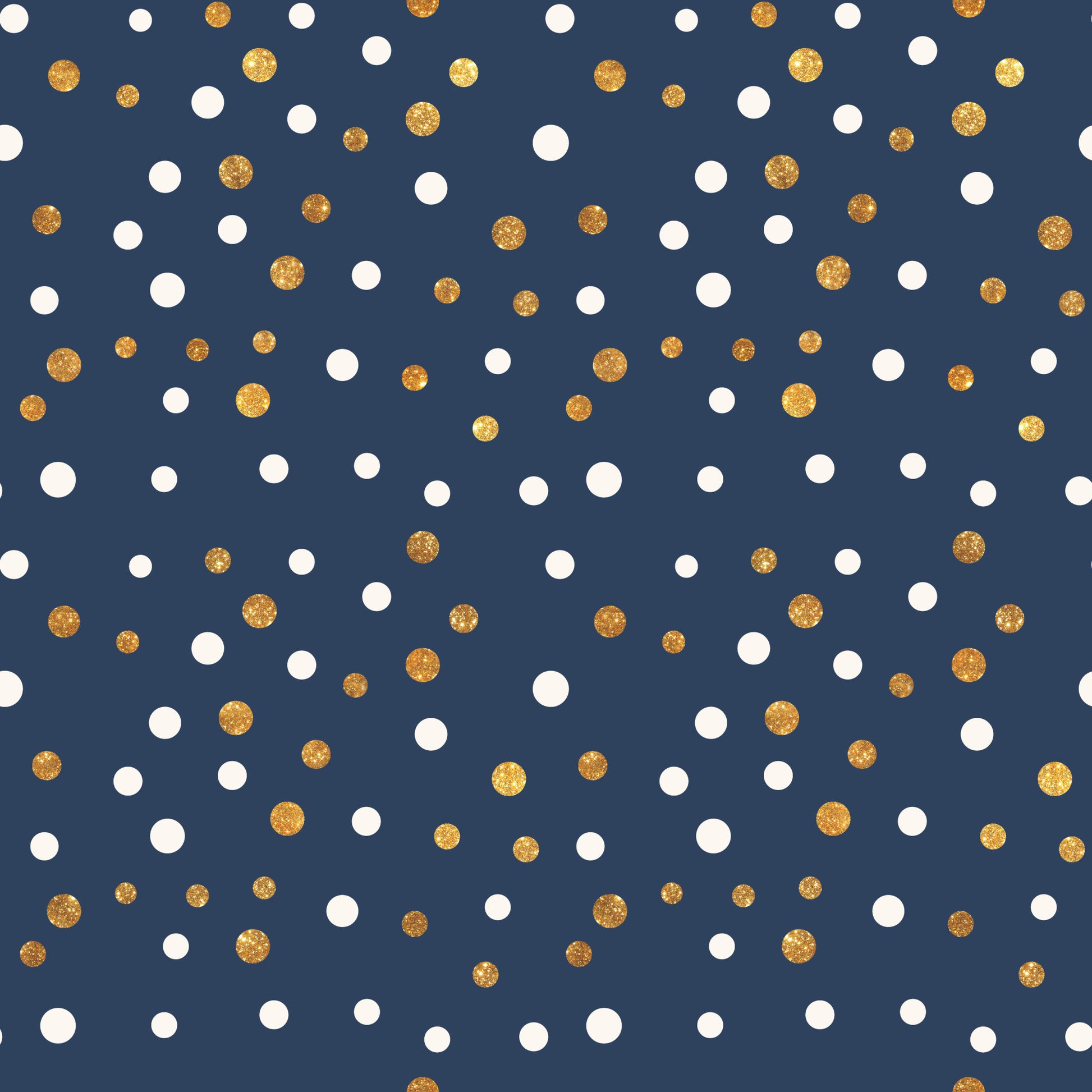 navy blue, gold, white, polka dots, circular pattern, scattered dots, geometric design, celebration theme, festive pattern, glitter effect, metallic accents, quilting cotton, fabric panel, party theme, confetti style, random placement, two-tone dots, celebratory mood, craft fabric, sewing material