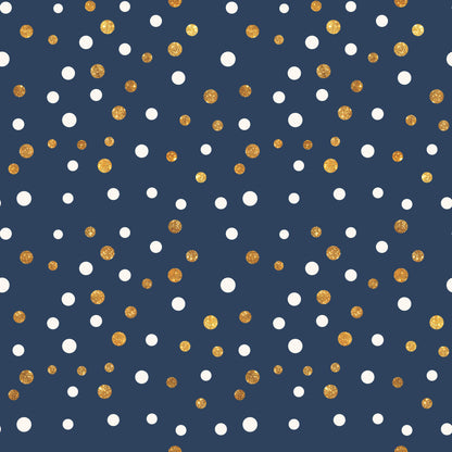 navy blue, gold, white, polka dots, circular pattern, scattered dots, geometric design, celebration theme, festive pattern, glitter effect, metallic accents, quilting cotton, fabric panel, party theme, confetti style, random placement, two-tone dots, celebratory mood, craft fabric, sewing material