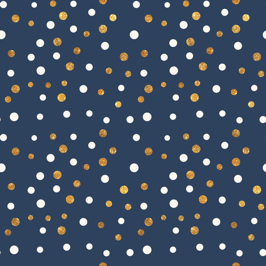 navy blue, gold, white, polka dots, circular pattern, scattered dots, geometric design, celebration theme, festive pattern, glitter effect, metallic accents, quilting cotton, fabric panel, party theme, confetti style, random placement, two-tone dots, celebratory mood, craft fabric, sewing material